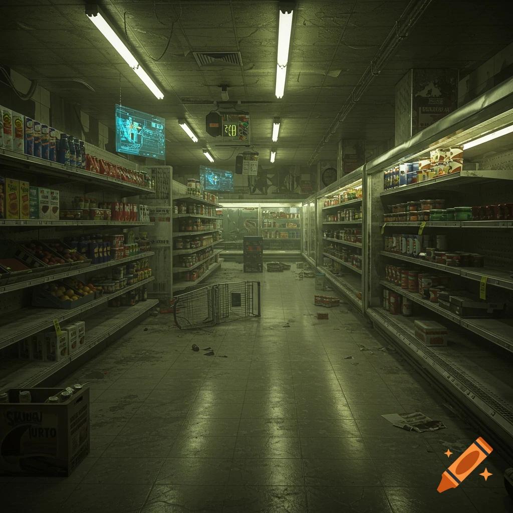 Empty, messy grocery store in a cyberpunk style with yellow lighting.