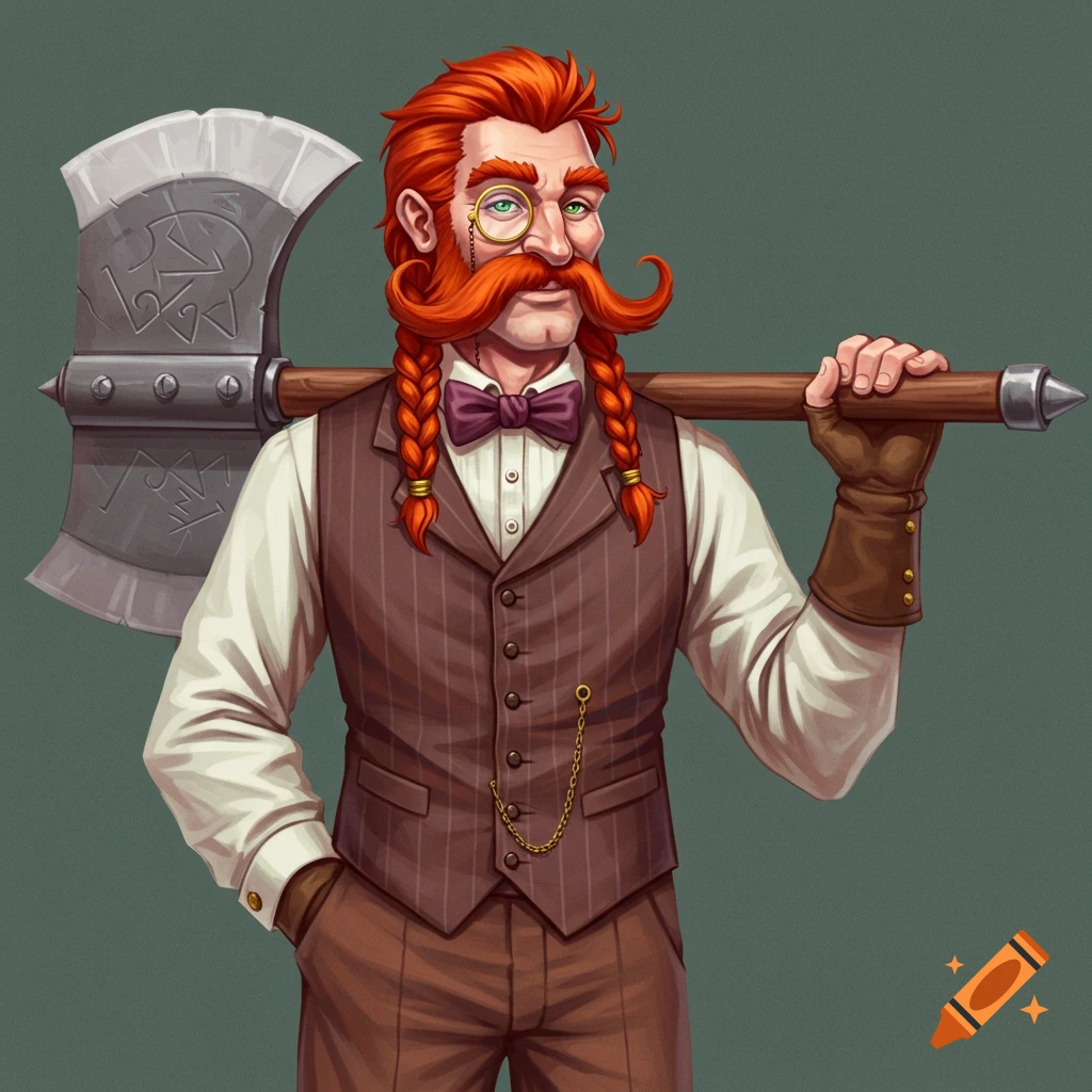 A man with red hair, wearing a monocle and a waistcoat, holds a greataxe over his shoulder.