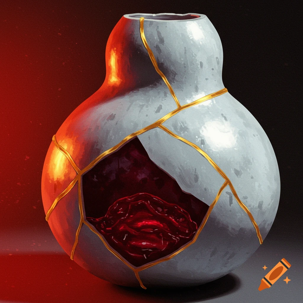 A gourd-shaped vase repaired with gold lines is broken open, revealing a dark red, fleshy substance inside.
