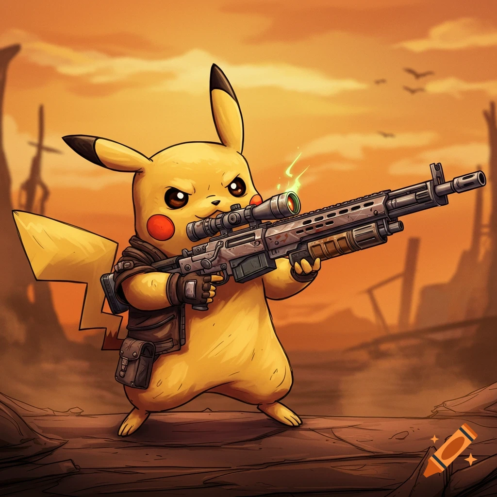 Pikachu with a sniper rifle in a wasteland.