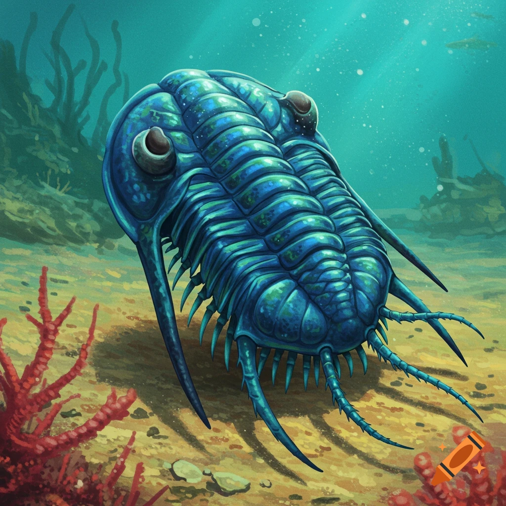 A blue trilobite on the sandy seabed, with red coral-like structures and light filtering from above.