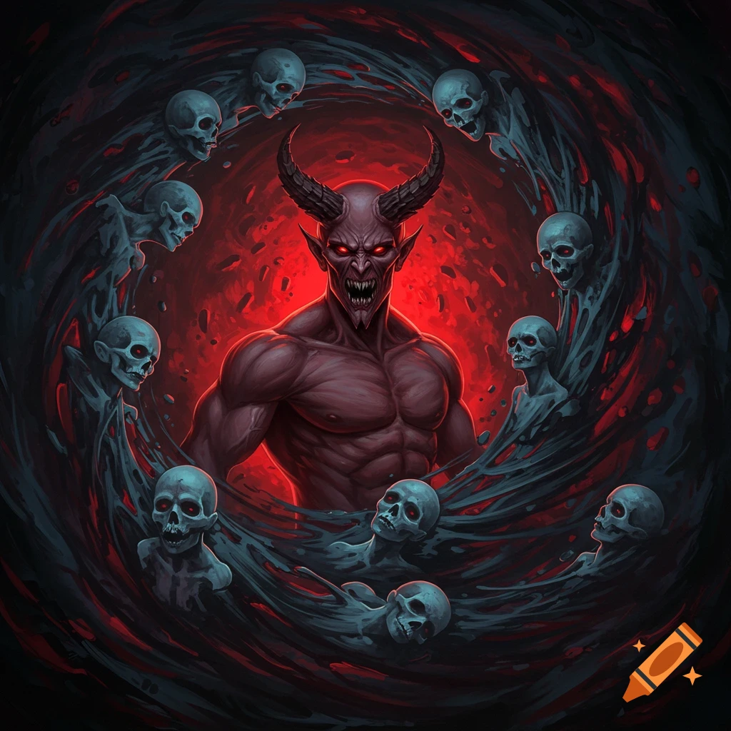 A muscular demon with horns and red eyes surrounded by skulls engulfed in a dark swirl.