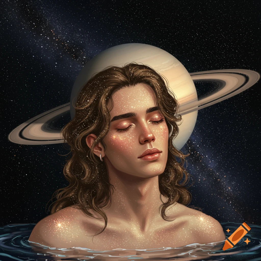 A person is in water, covered in glitter, with Saturn and stars behind them.