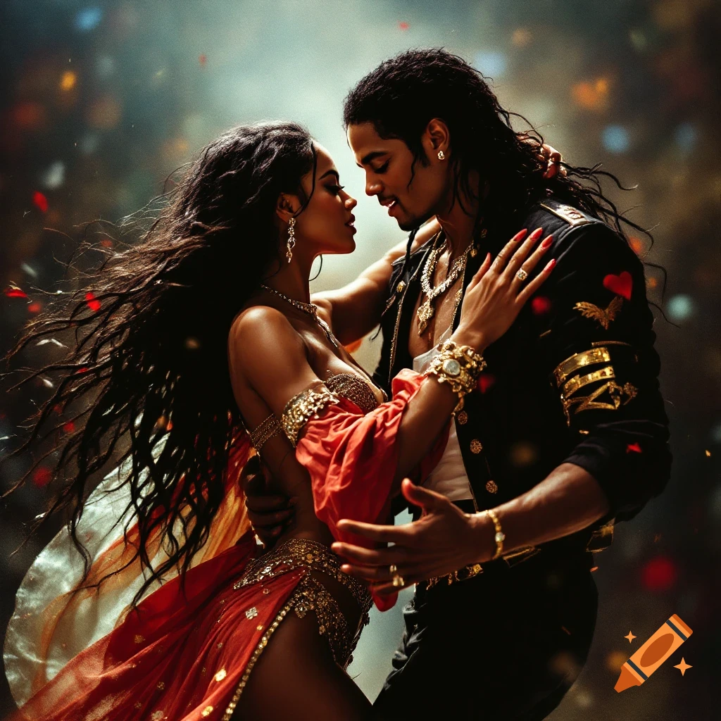 Photorealistic image of a man and woman dancing together dramatically.
