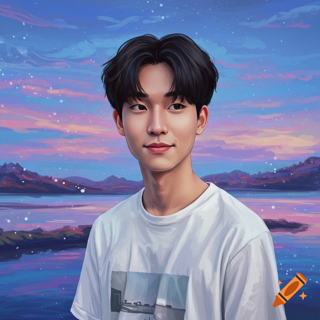 A young man smiles in a white t-shirt against a colorful sky and lake landscape.