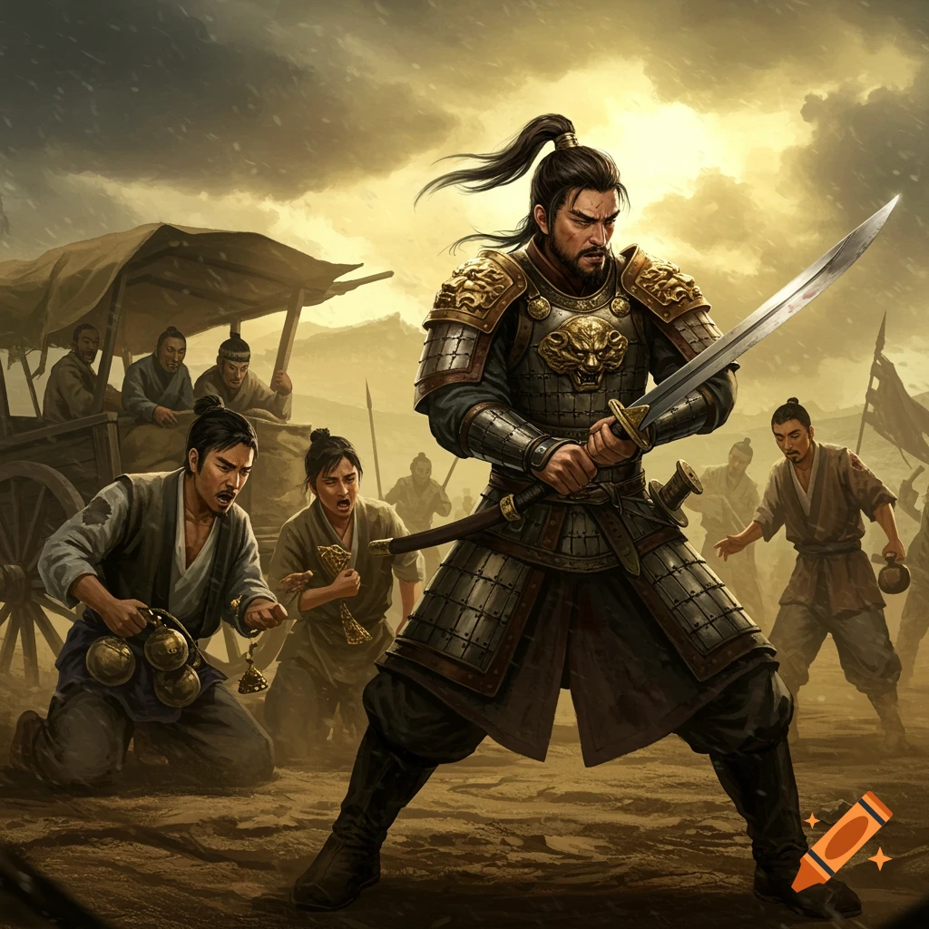 A warrior in ornate armor fights bandits near a cart under a stormy sky.