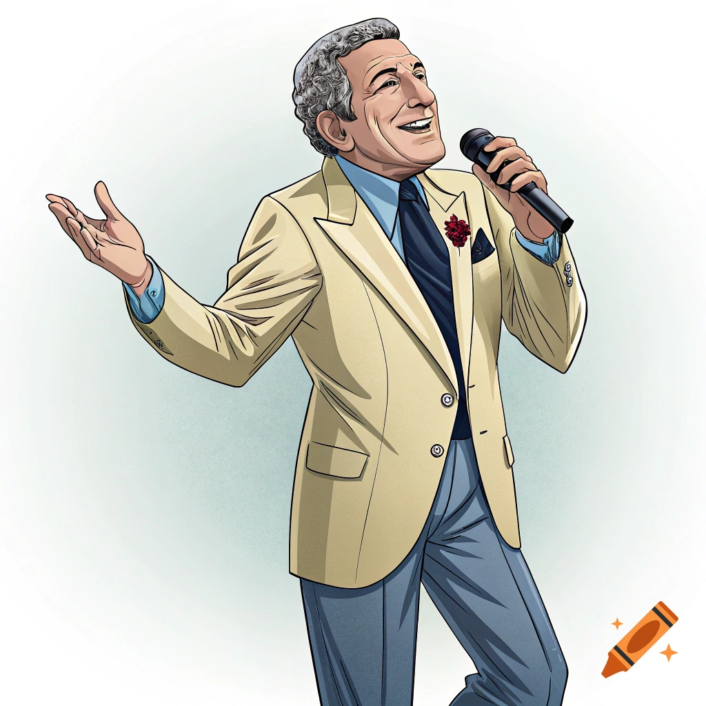 Cartoon illustration of a man in a suit singing into a microphone.