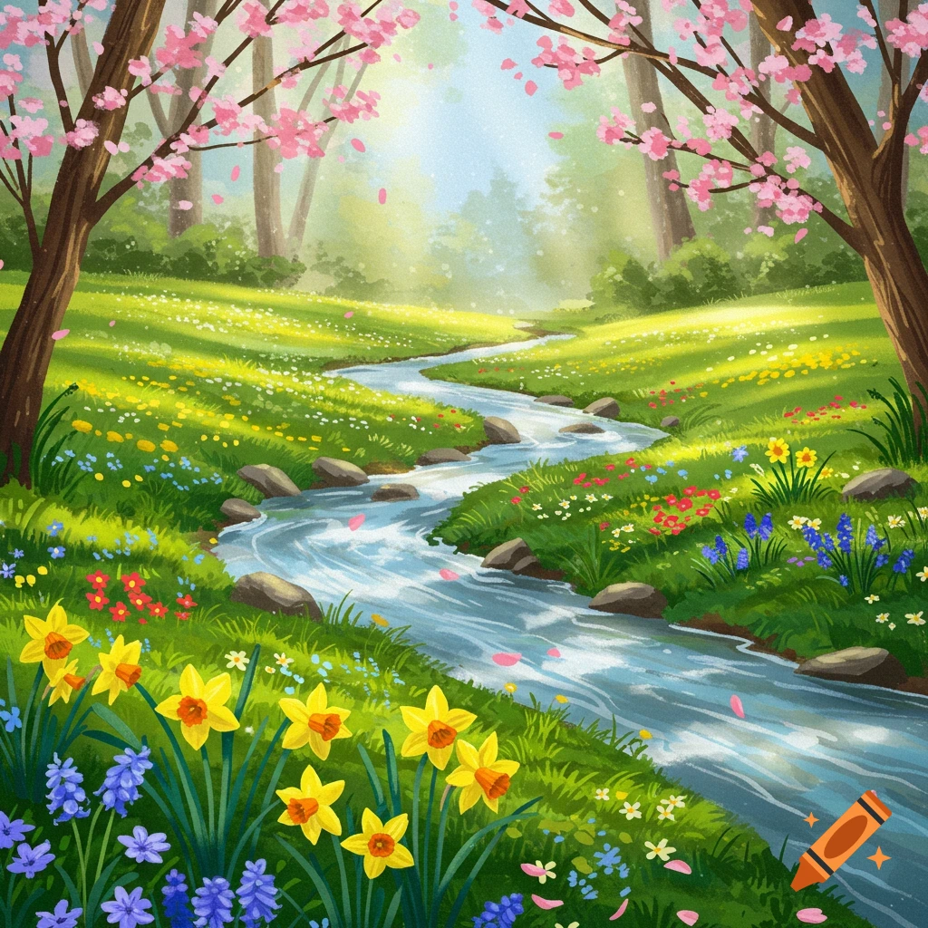A spring landscape with a stream, flowers, and cherry trees.