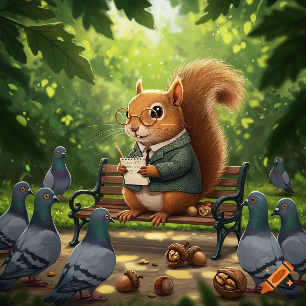 A squirrel wearing glasses and a coat is sitting on a park bench, writing in a notebook surrounded by pigeons.
