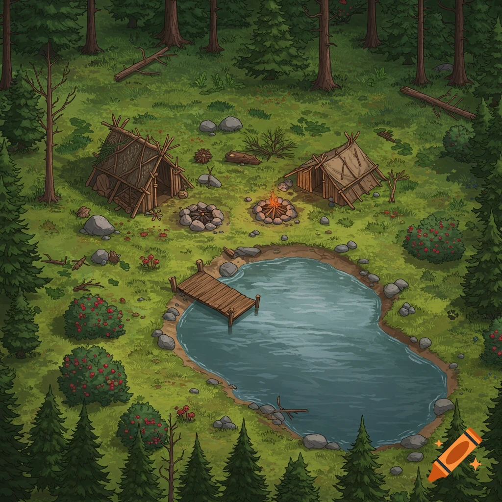 An illustration of a forest campsite with shelters, fire pits, a pond with a dock, and berry bushes.