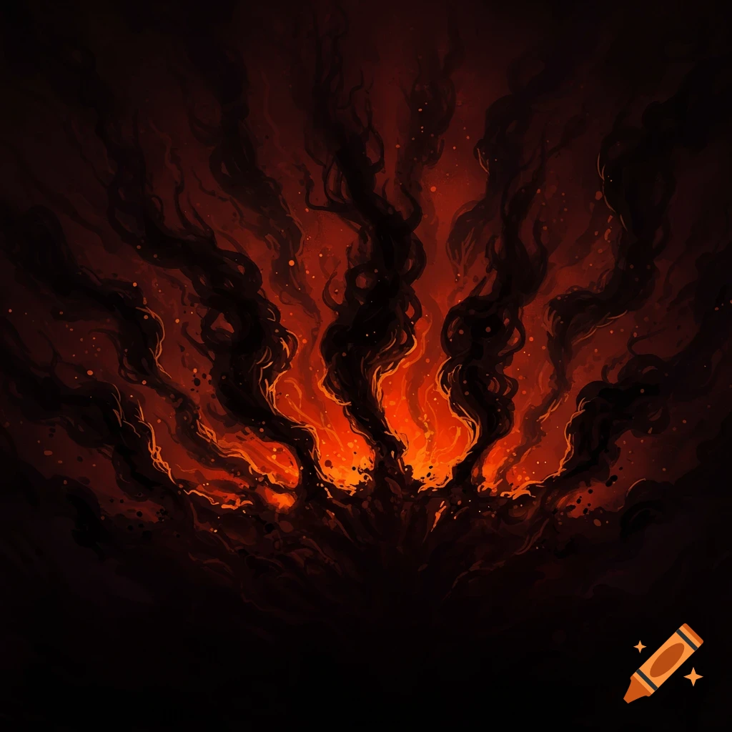 Dark, twisting smoke rises from an orange glow.