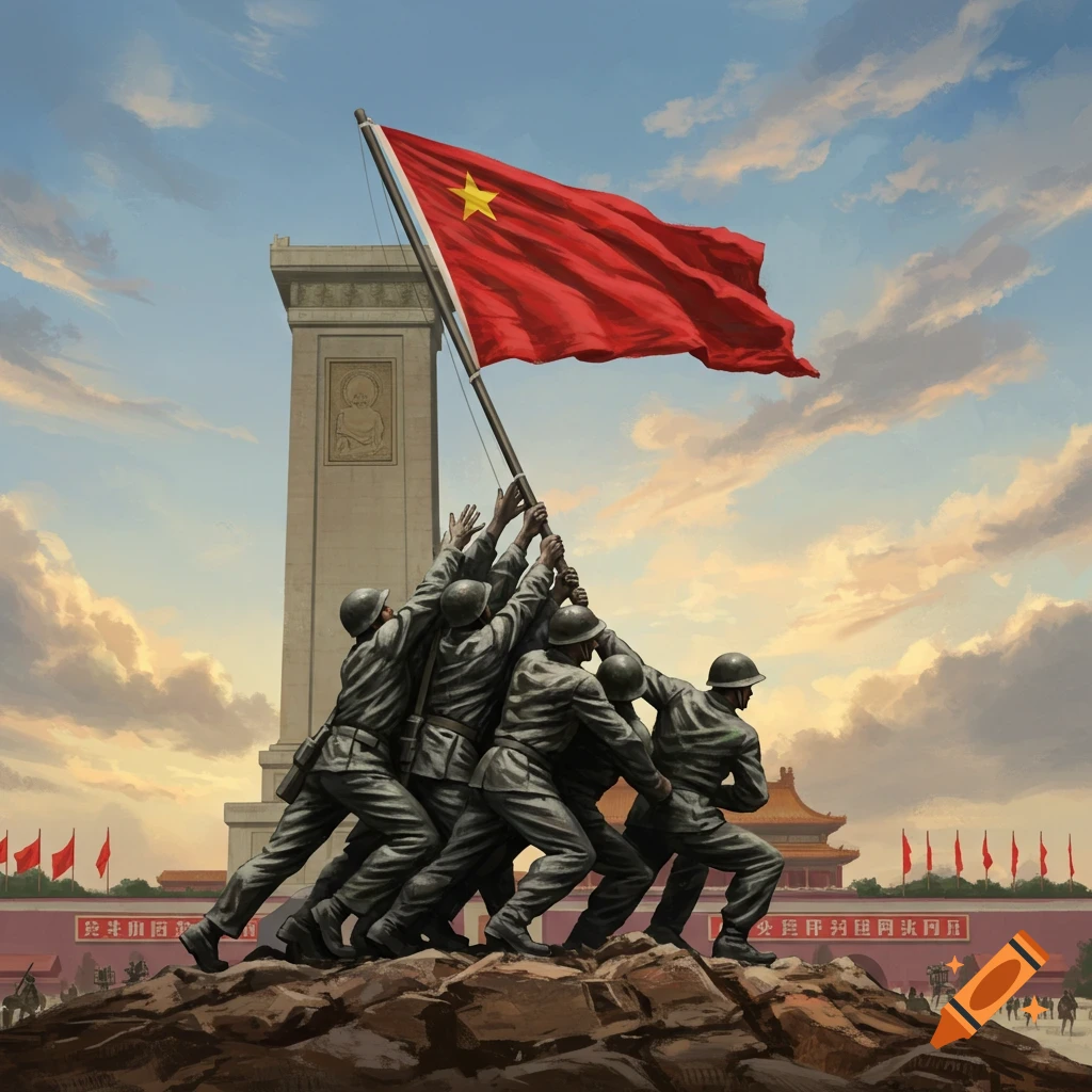 Soldiers raising a flag on a hill, reminiscent of Iwo Jima, with a large monument and red wall in the background.