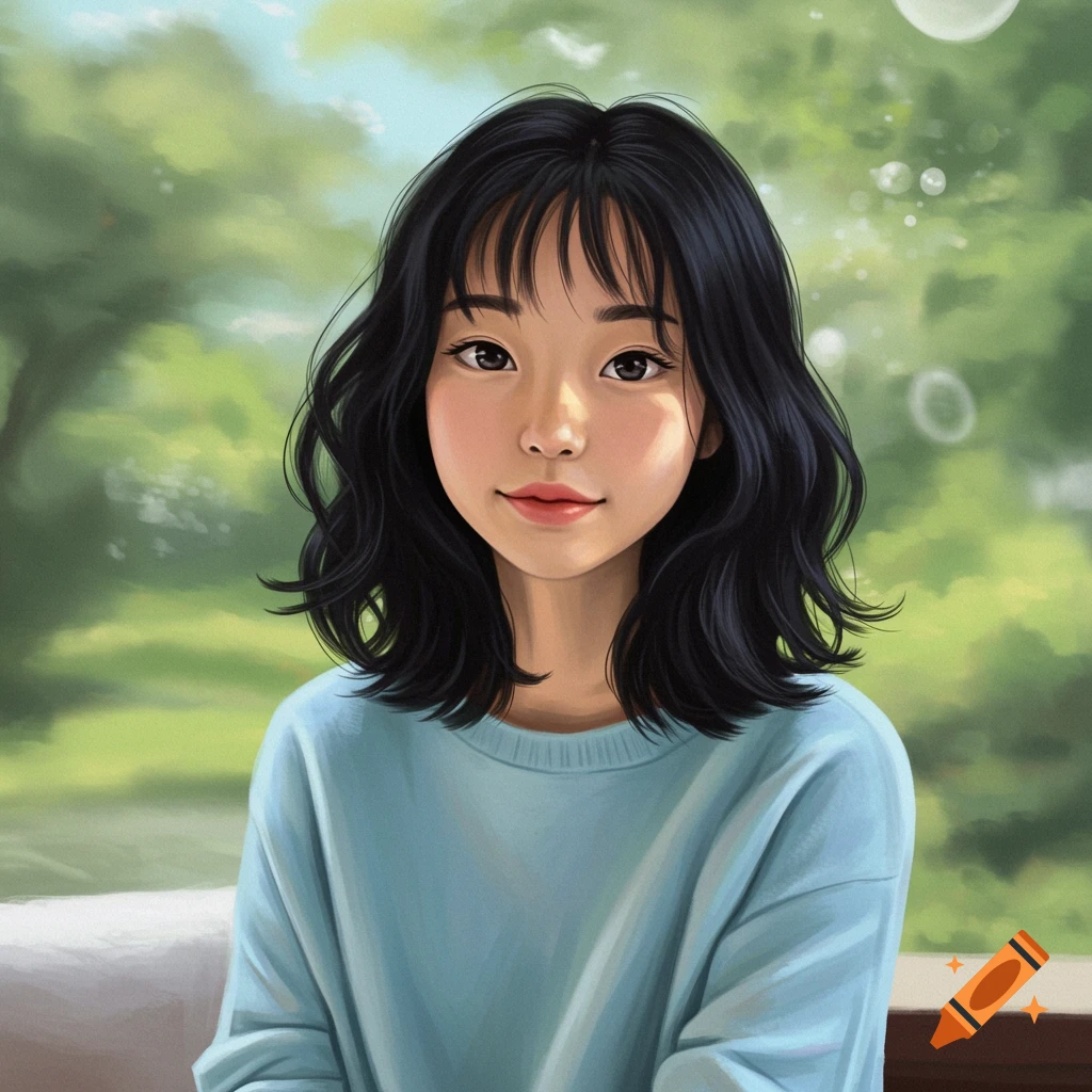 A young Asian girl with black hair in a blue sweater, seated in a softly lit room with a blurred garden background.