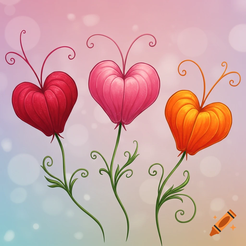 Three red, pink, and orange heart-shaped flowers with curly stems.
