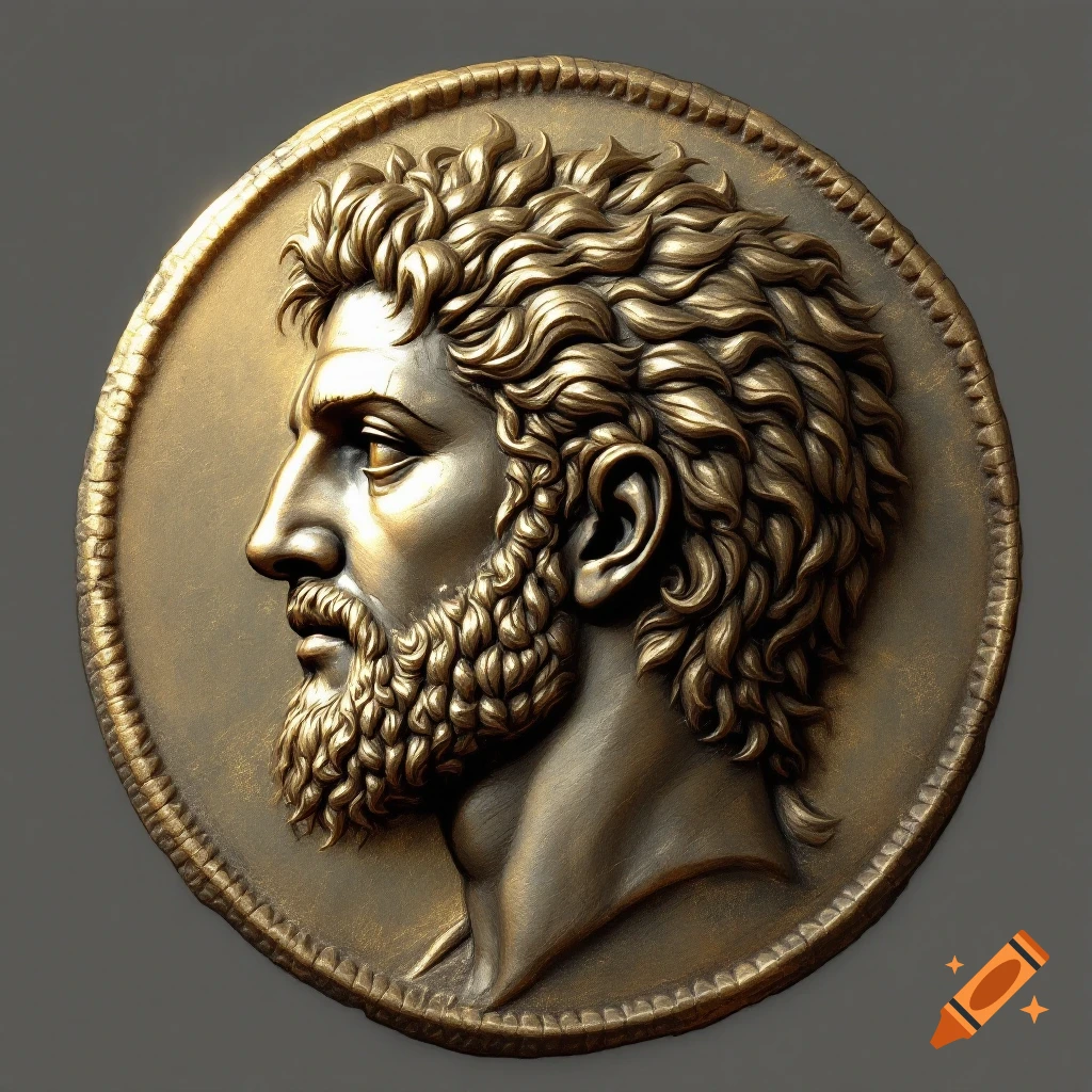 Bronze relief portrait of a man in profile on a coin, in the style of an ancient Roman denarius.