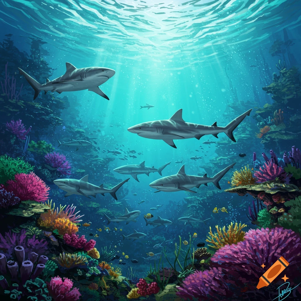 Sharks swimming among colorful coral reefs in the ocean.
