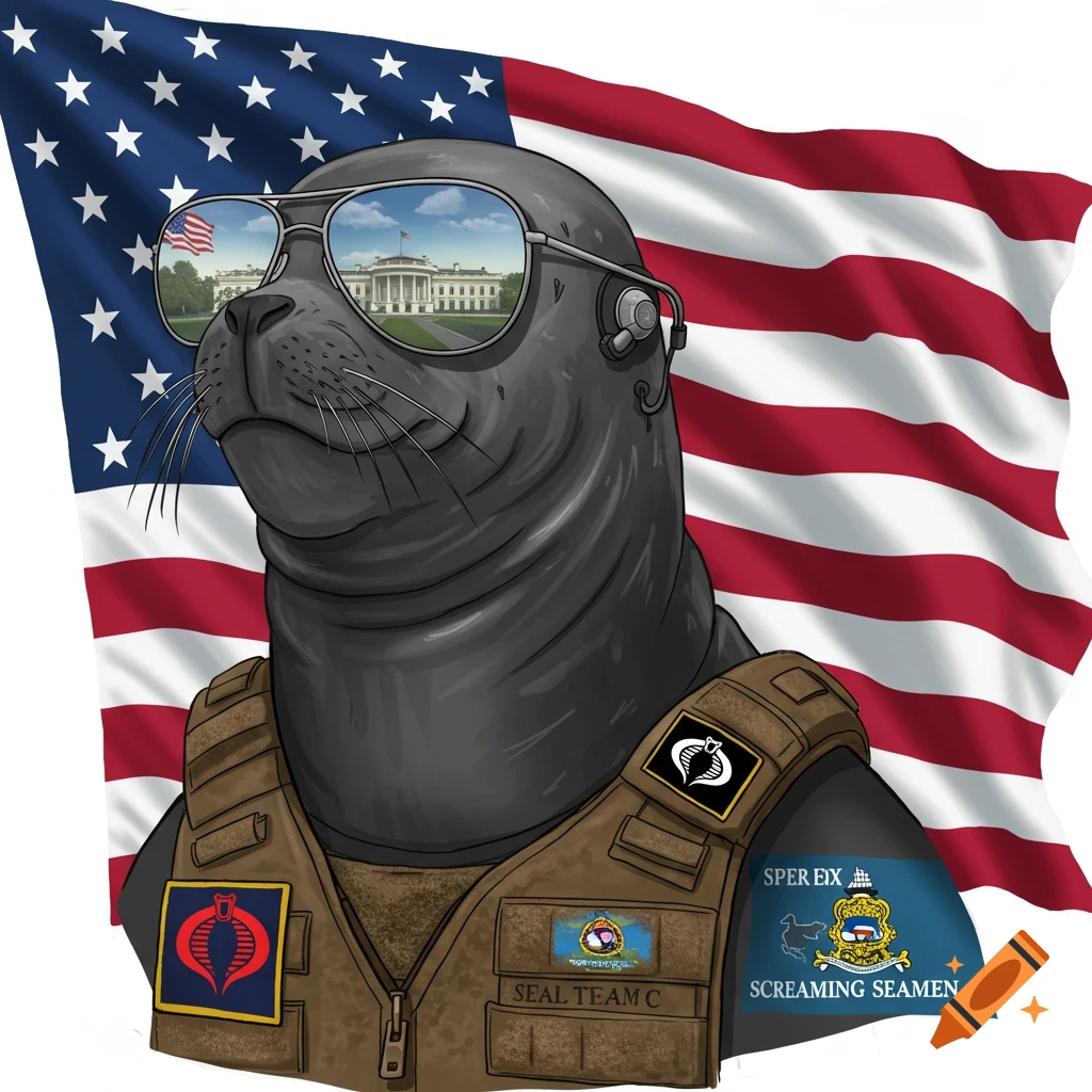 Cartoon seal in sunglasses and tactical vest with American flag background, White House reflection in glasses.