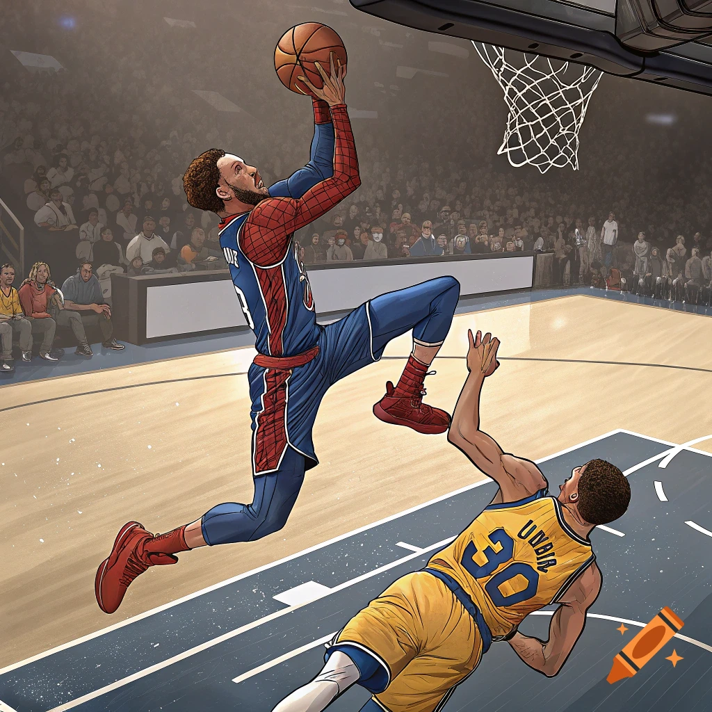 Illustration of Spider-Man dunking a basketball over Stephen Curry in a game.