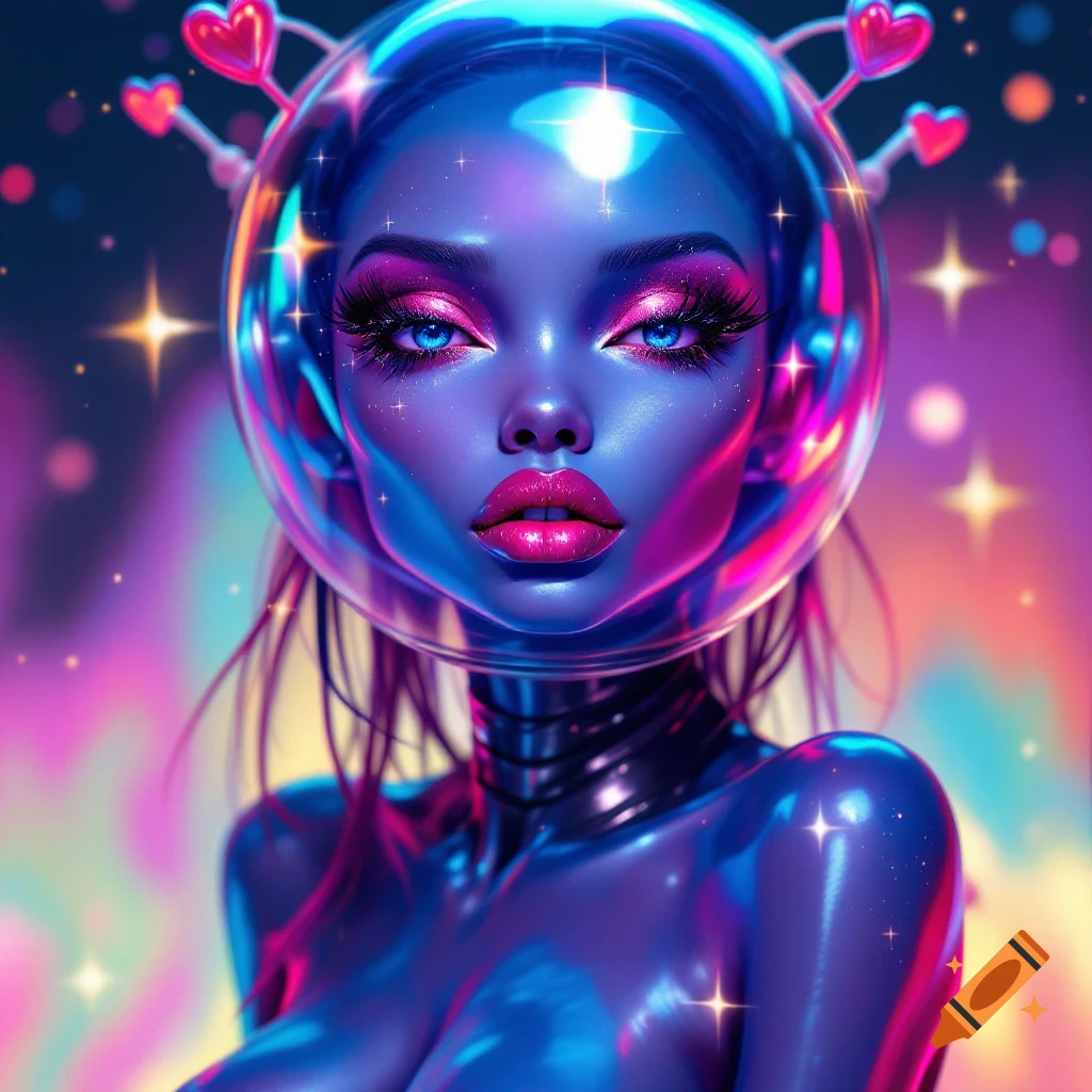 A stylized alien woman with blue skin, pink lips, bubble helmet, and heart antennae.