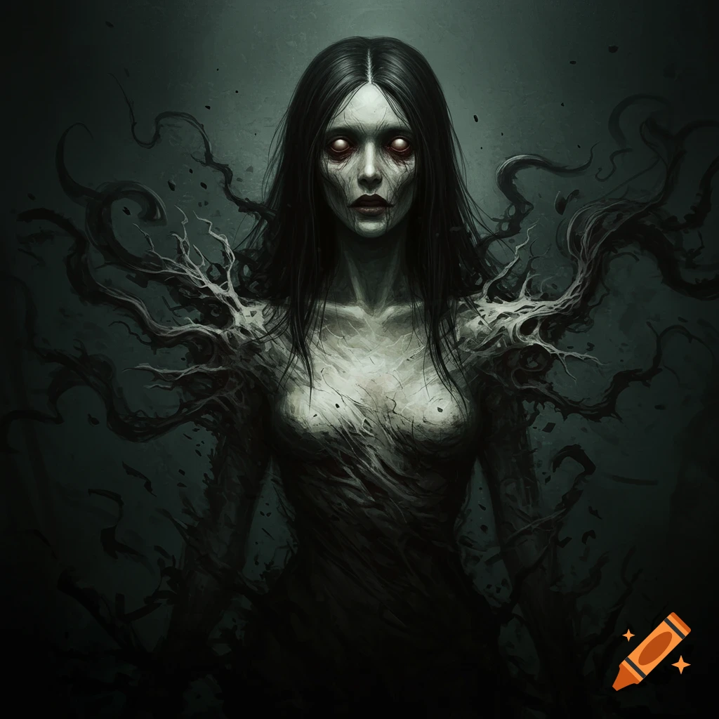 A spectral woman with red eyes and dark tendrils emerging from her body, in a dark horror style.