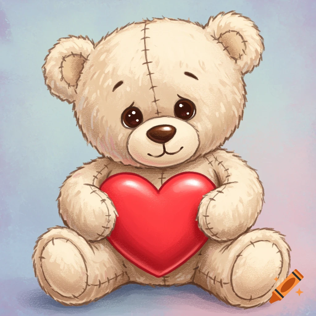 Whimsical illustration of a cute teddy bear holding a red heart.