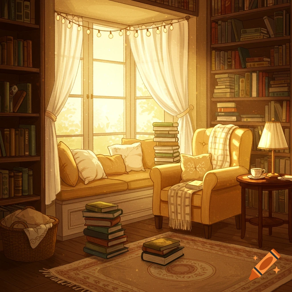 Cozy book nook interior with window seat, armchair, and bookshelves in warm light.