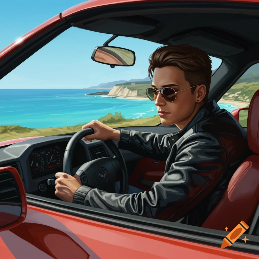 A man drives a red car along a coastal road.