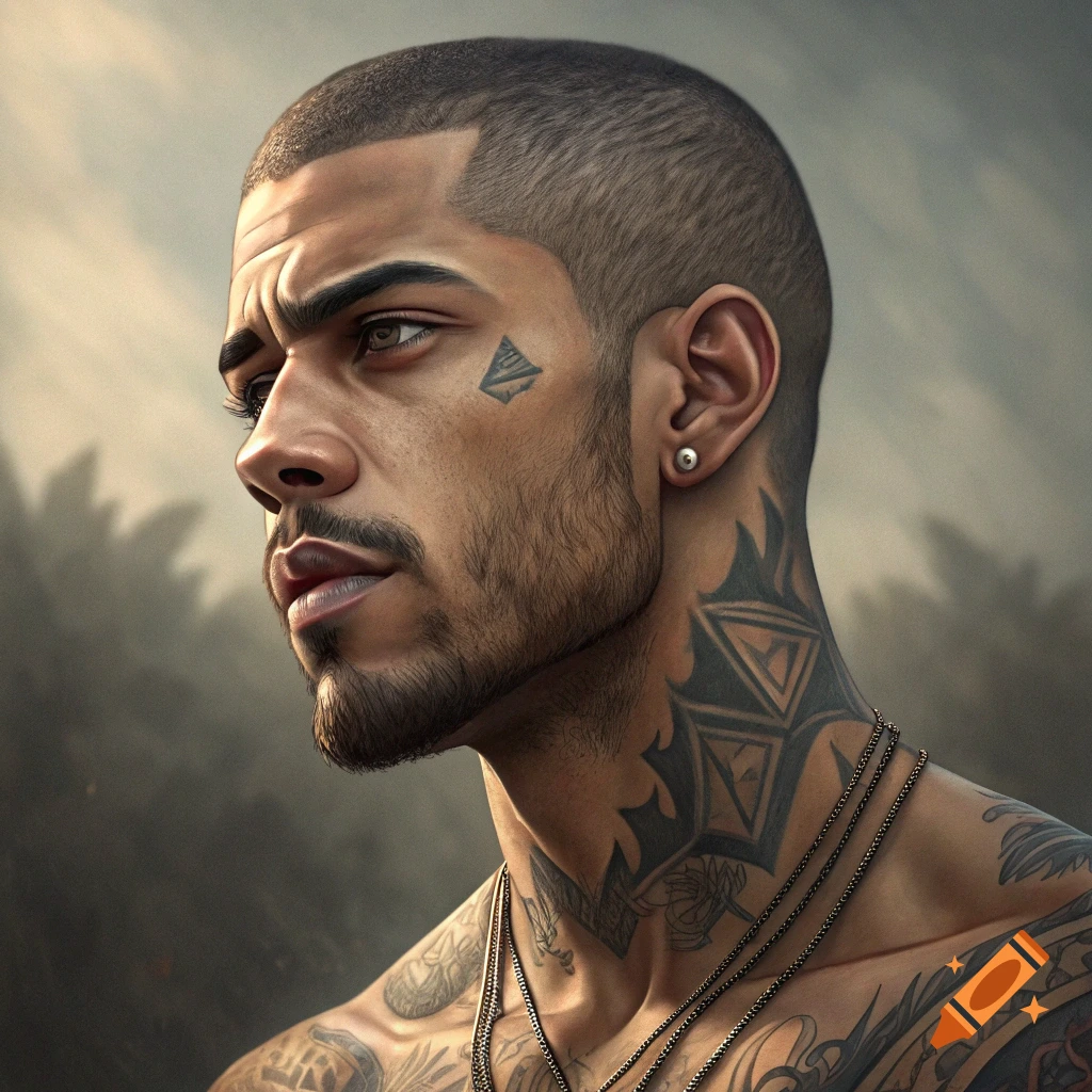 A portrait of a man with a buzz cut, beard, and extensive tattoos on his face, neck, and body.