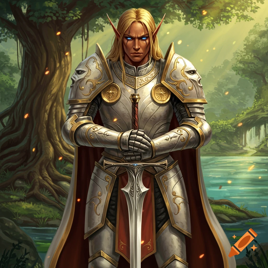 A male high elf paladin in silver and gold armor holding a sword in a forest.