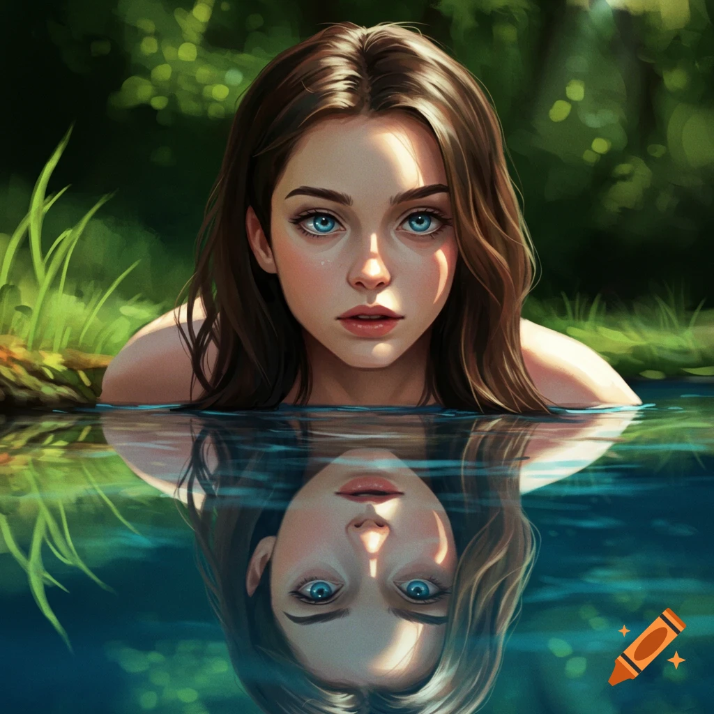 A female face is looking at her reflection in water with a nature background.