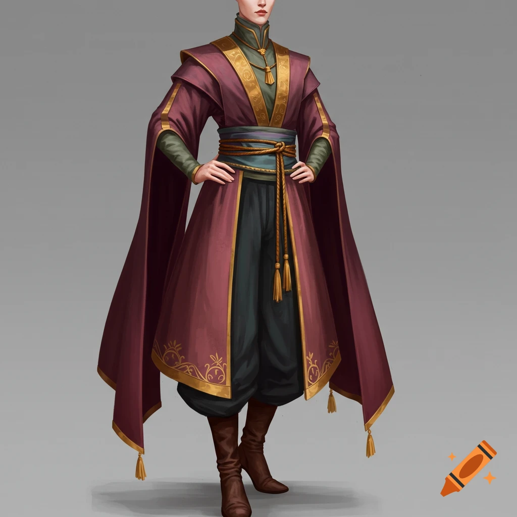 A person wearing a detailed fantasy robe with gold trim and sash.