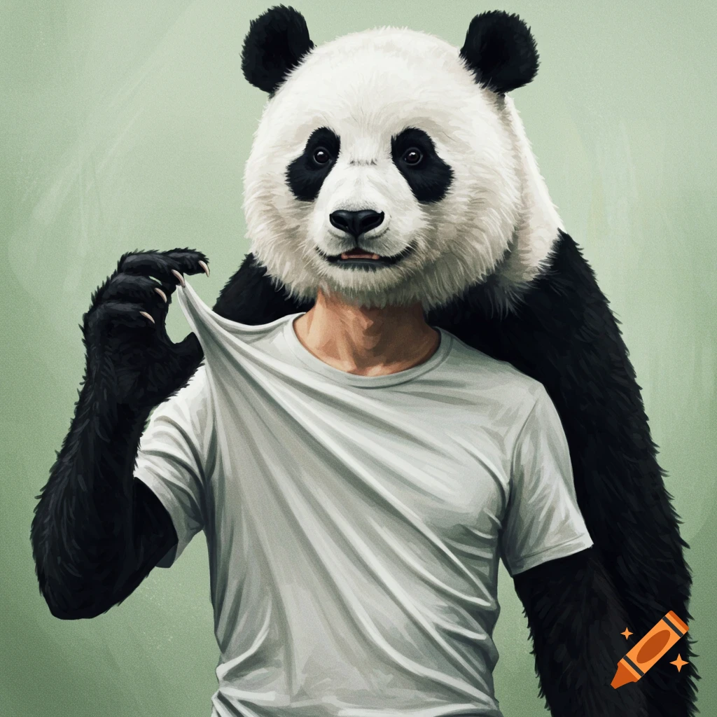 Painting of a man with a panda head and arms around him, pulling his shirt.