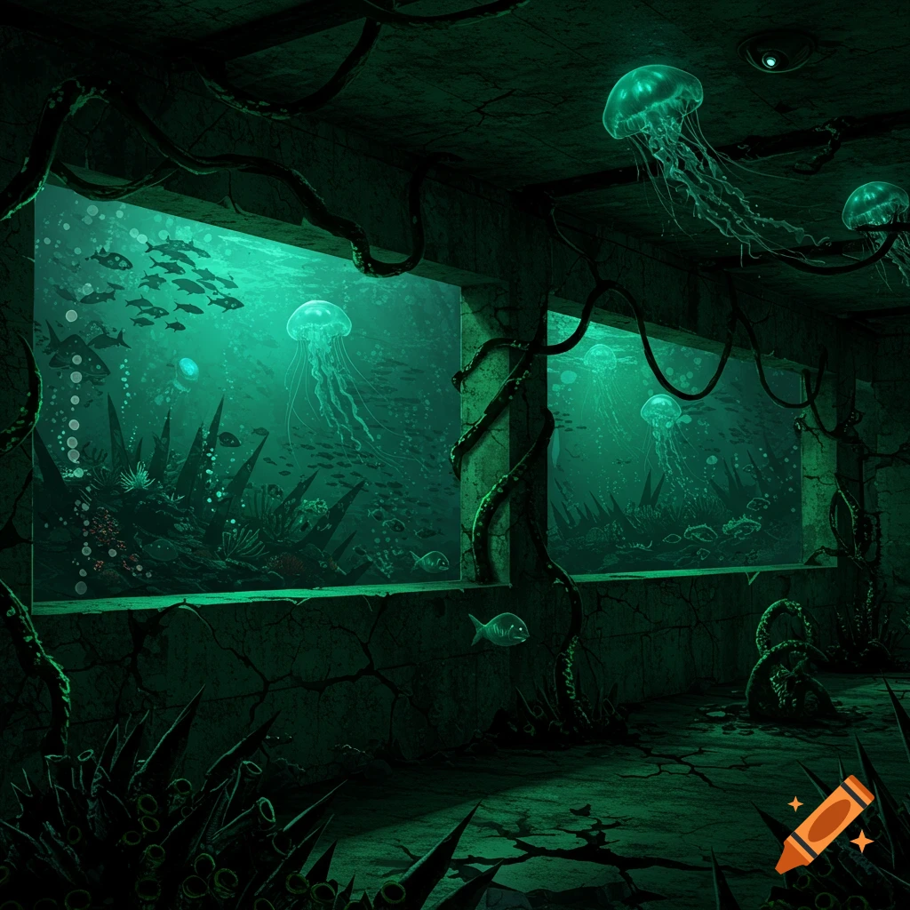 jellyfish and fish in a dark, cracked underwater structure.