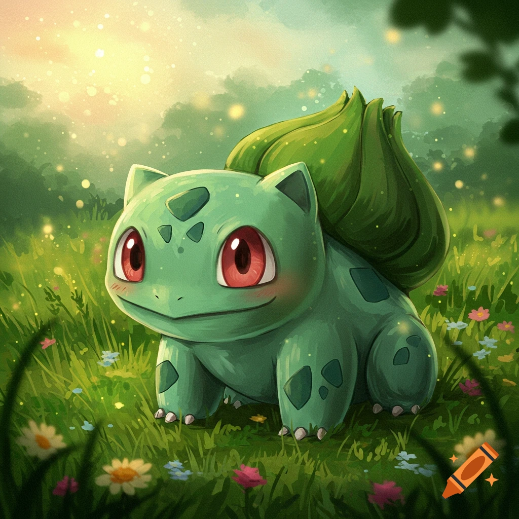 Bulbasaur sitting in a grassy field.