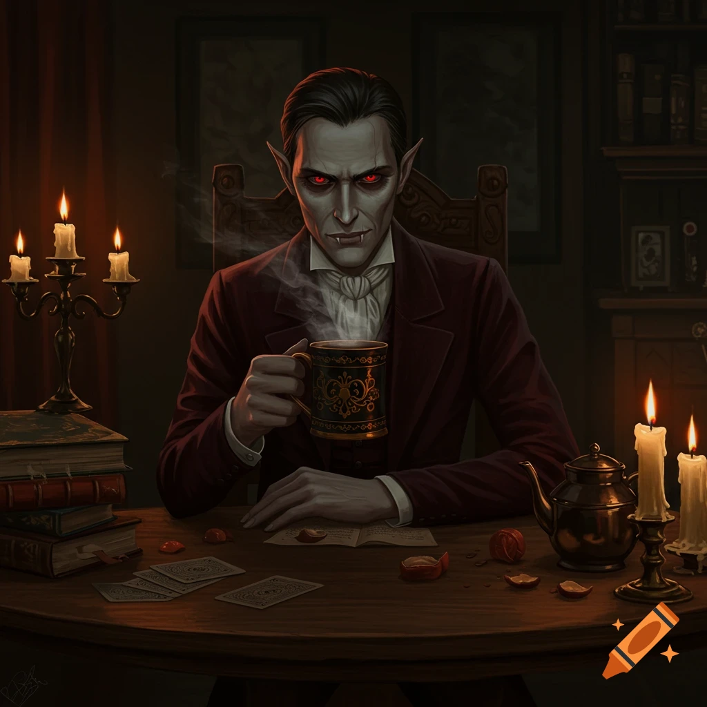 A vampire with red eyes sits at a table, holding a steaming mug, illuminated by candlelight.