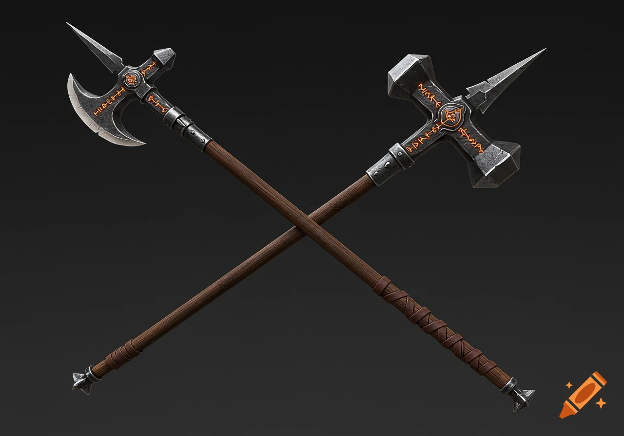 Two crossed fantasy weapons, a halberd and a war hammer with glowing runes, against a dark background.