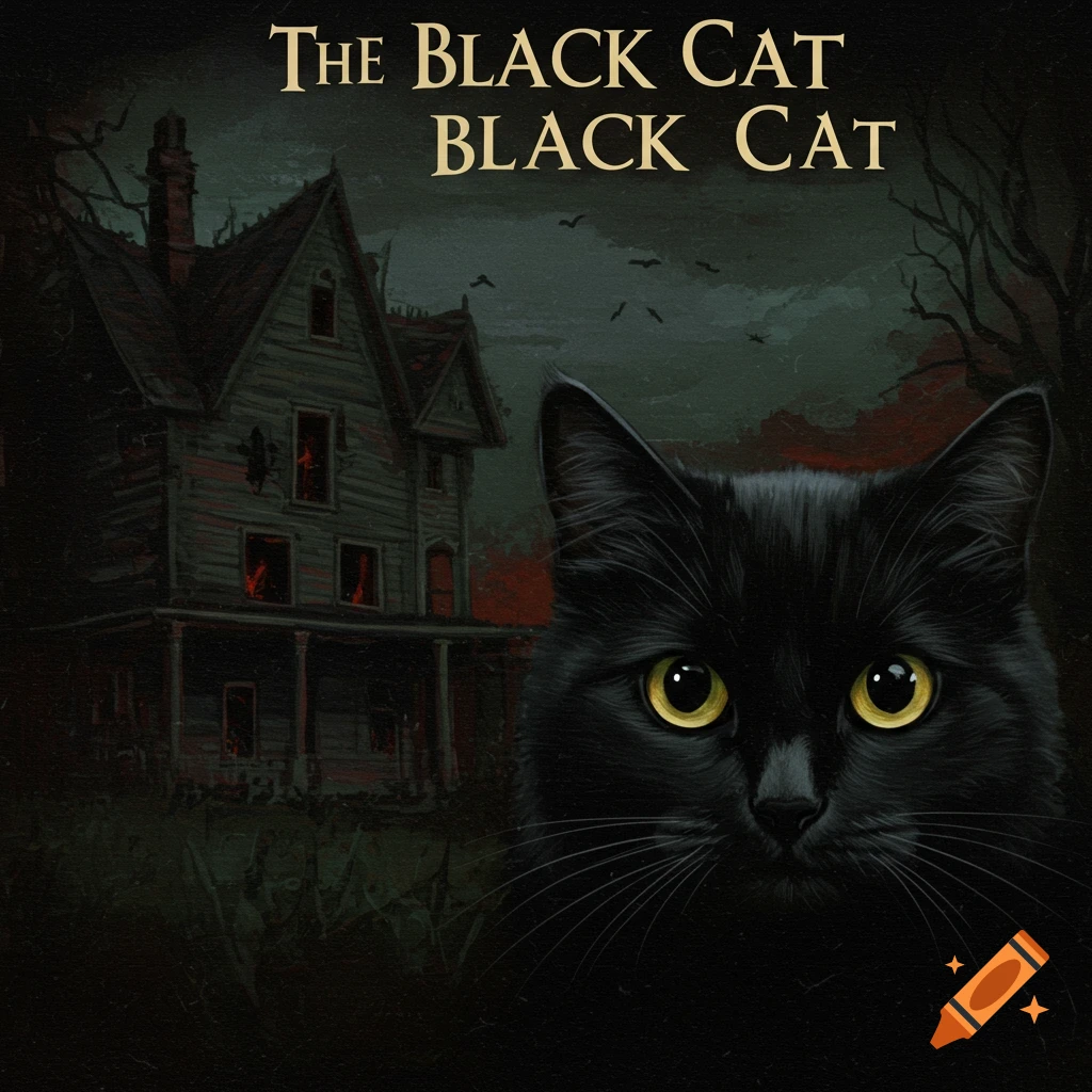 Illustration of a black cat in front of a spooky house under a dark sky, with text 'THE BLACK CAT BLACK CAT'.