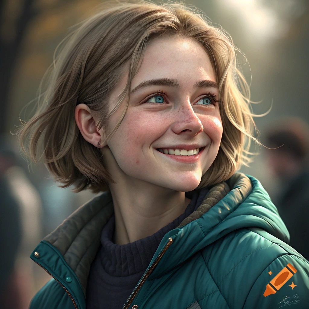Realistic digital portrait of a young woman with blonde hair, freckles, and blue eyes, smiling in a teal jacket.