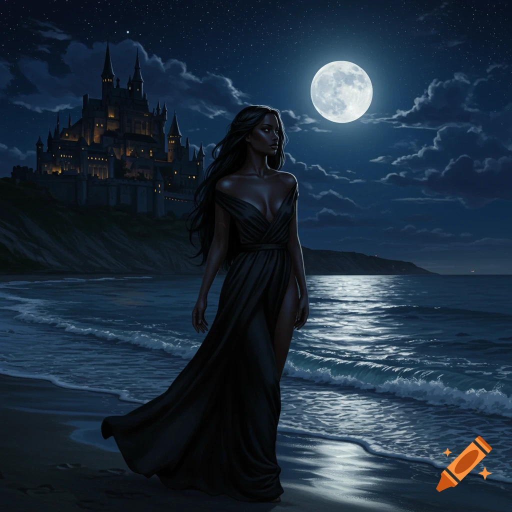 A woman in a black dress stands on a moonlit beach with a castle in the background.