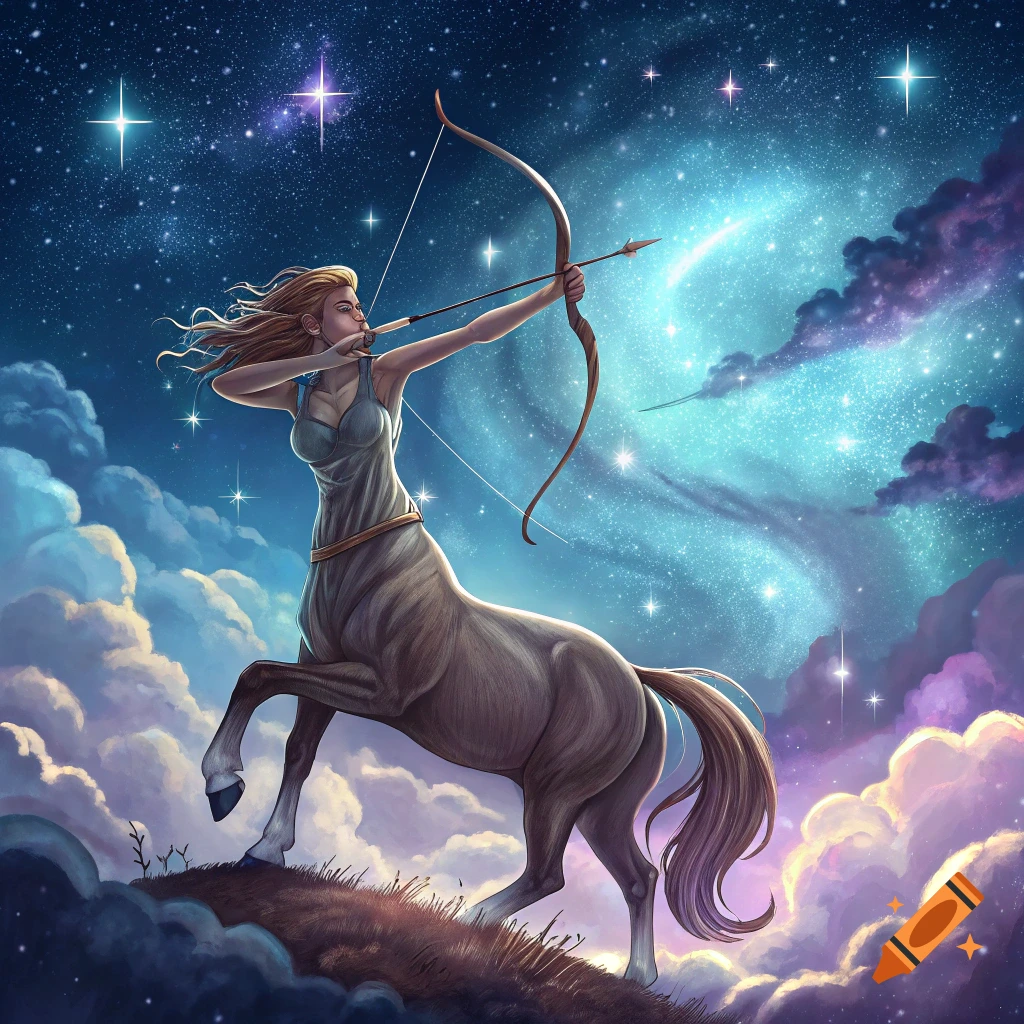 Female centaur archer shooting a bow under a vibrant cosmic night sky with stars and clouds.
