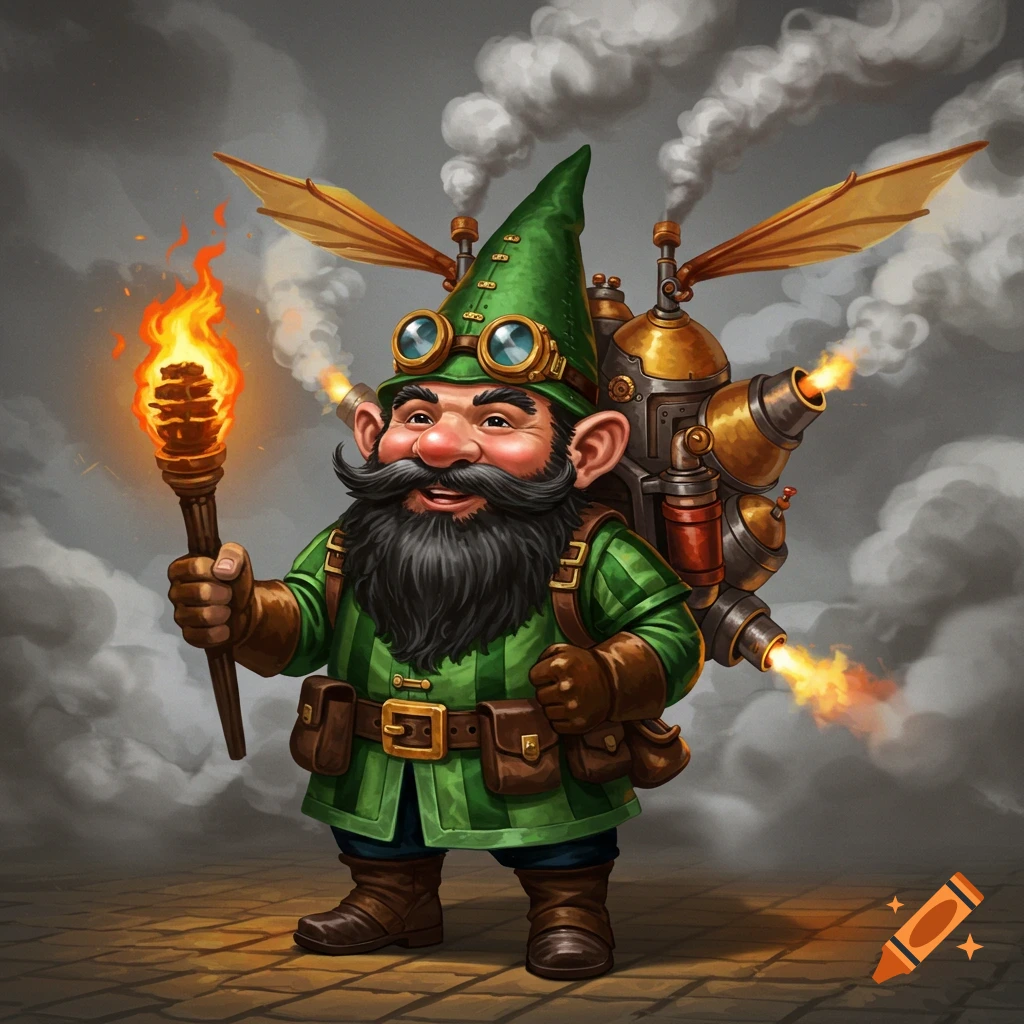 A cheerful steampunk gnome with goggles and a flying contraption on his back holds a glowing torch.