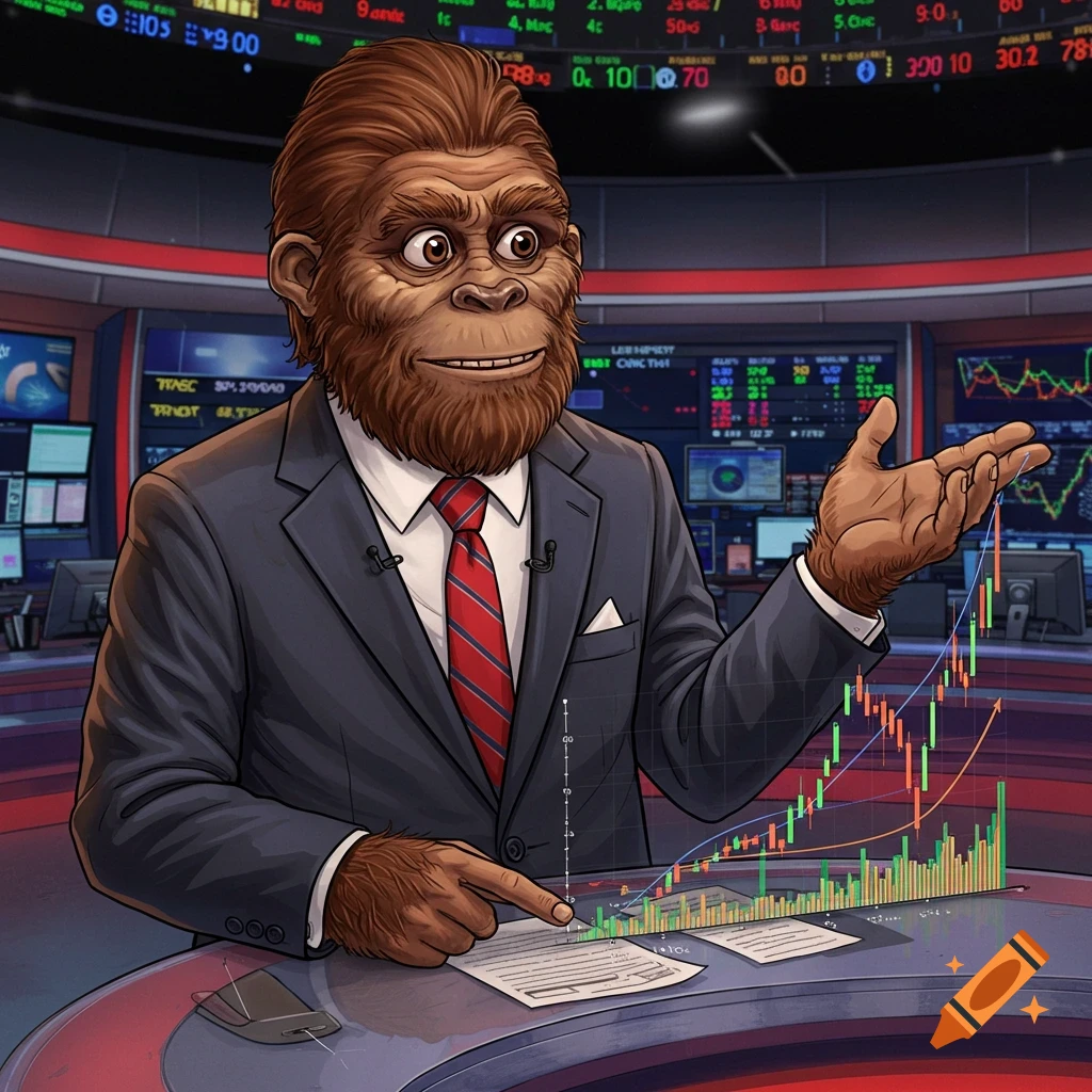 Bigfoot in a suit gestures at a rising stock chart in a newsroom, illustration.