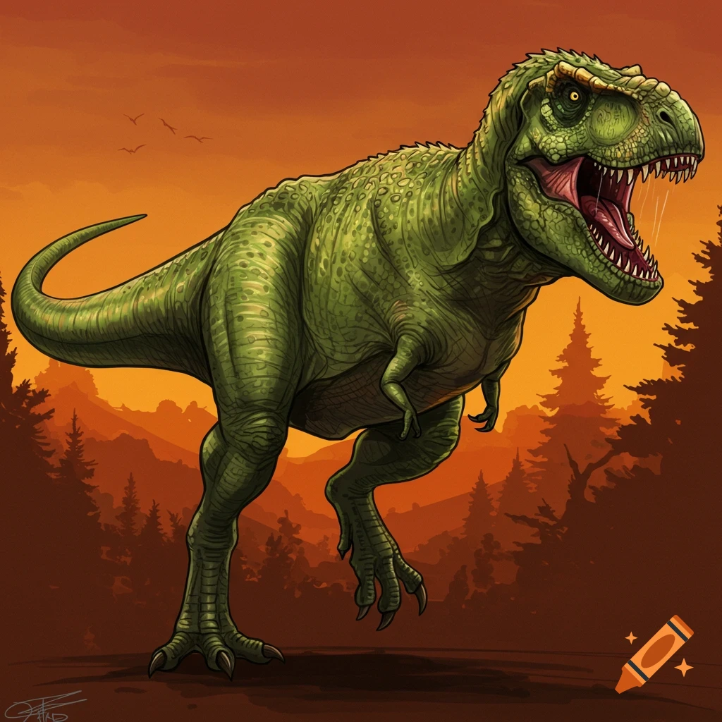 Green T-Rex roaring in an illustration style with a sunset forest background.