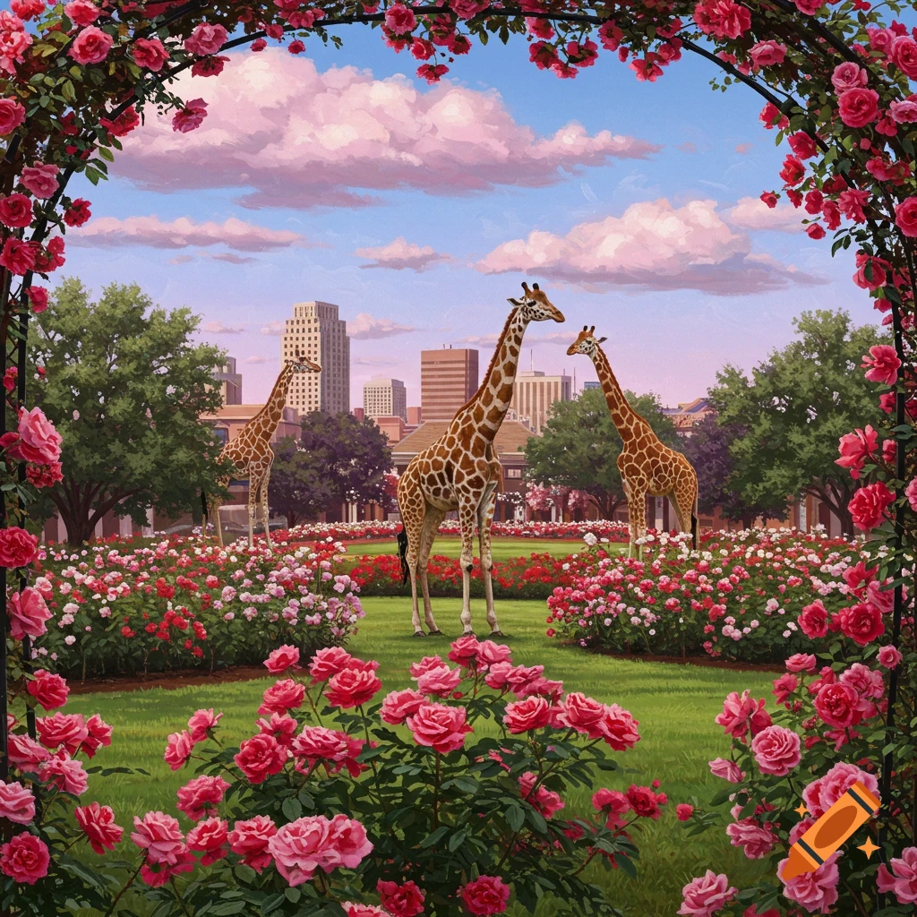 Giraffes in a rose garden with a city in the background.