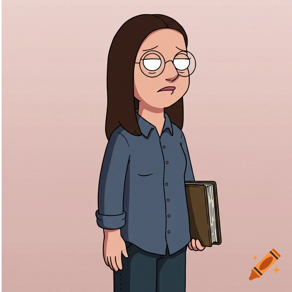 A cartoon character in the style of Family Guy, resembling Meg Griffin, wearing glasses and holding a book.