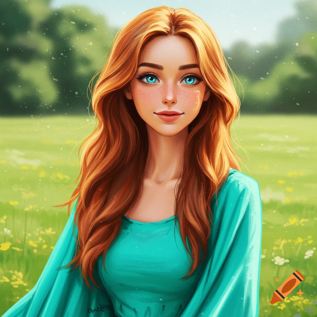 A smiling red-haired woman with blue eyes is in a field.
