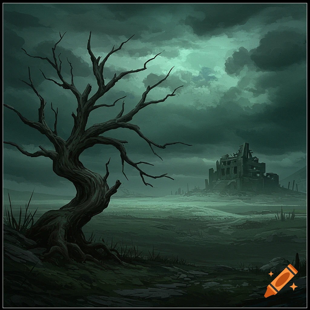 Dark image of a dead tree and ruined building in a desolate landscape under a stormy green sky.
