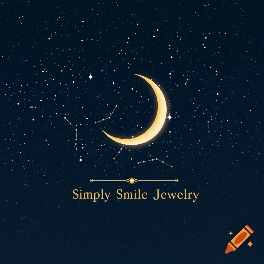 A logo with a golden crescent moon and stars in a dark blue night sky, above the text "Simply Smile Jewelry".