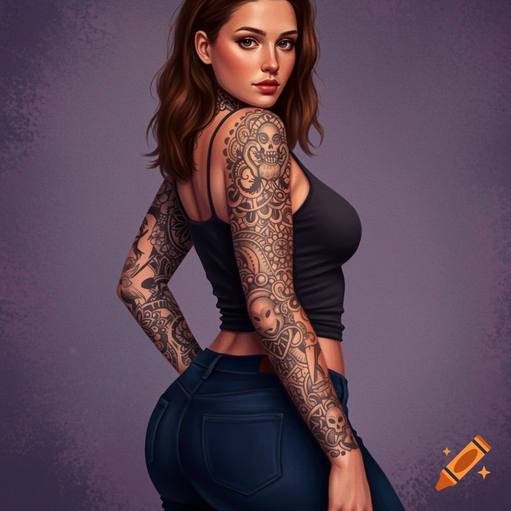 A woman with full arm tattoos, wearing a black tank top and jeans.
