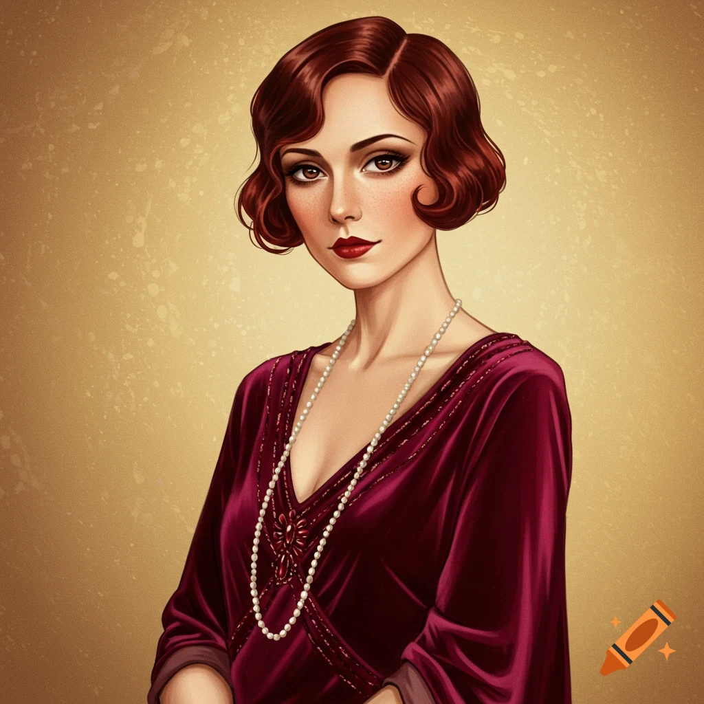 A woman in a 1920s red dress and pearl necklace against a gold background.